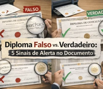 Lupa analisando detalhes de um diploma para identificar se é falso ou verdadeiro