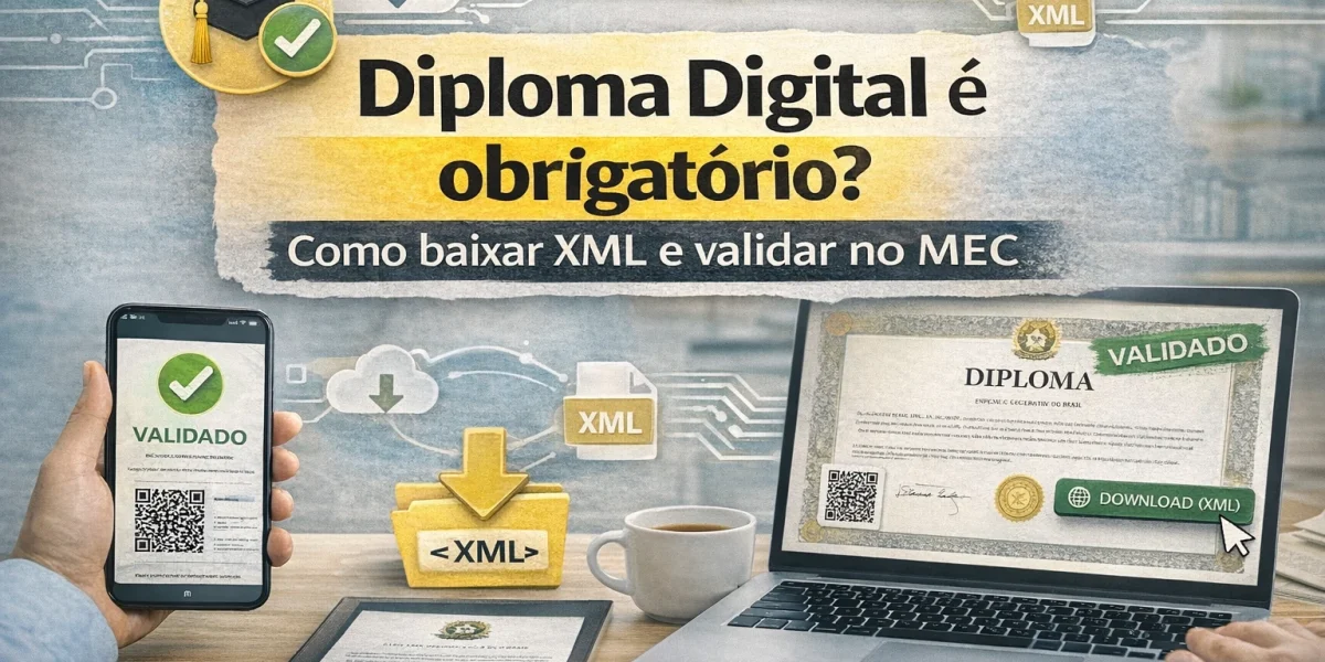 Tela de computador exibindo código XML de um Diploma Digital e arquivo PDF RVDD lado a lado
