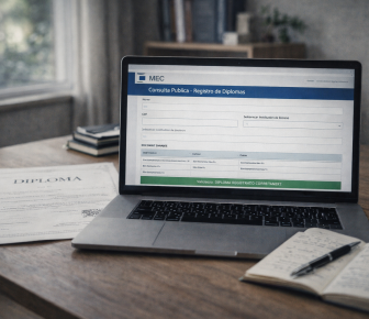 Pessoa digitando em um notebook enquanto acessa o portal e-MEC para fazer a consulta pública ao MEC