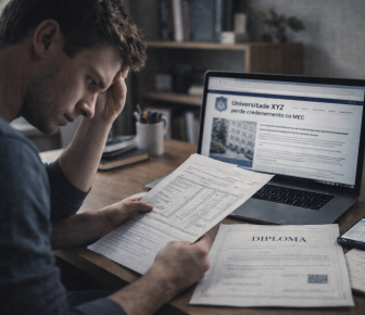 Estudante preocupado segurando documentos acadêmicos em frente a uma faculdade com portas fechadas