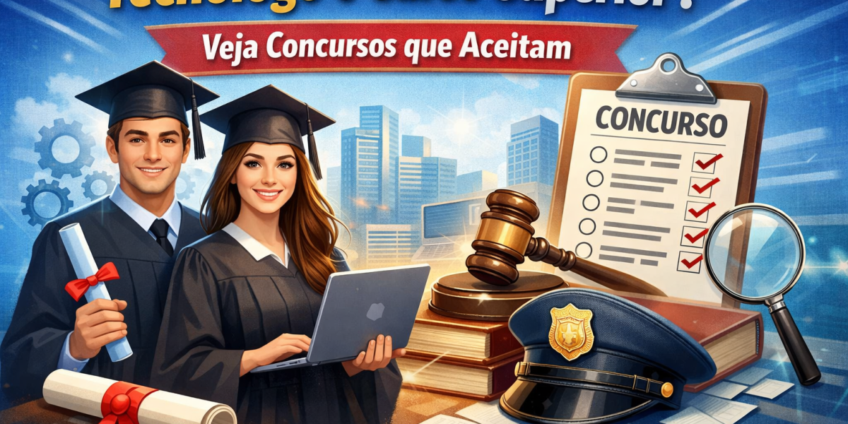 Candidato de concurso público segurando diploma de tecnólogo e sorrindo em frente a um computador